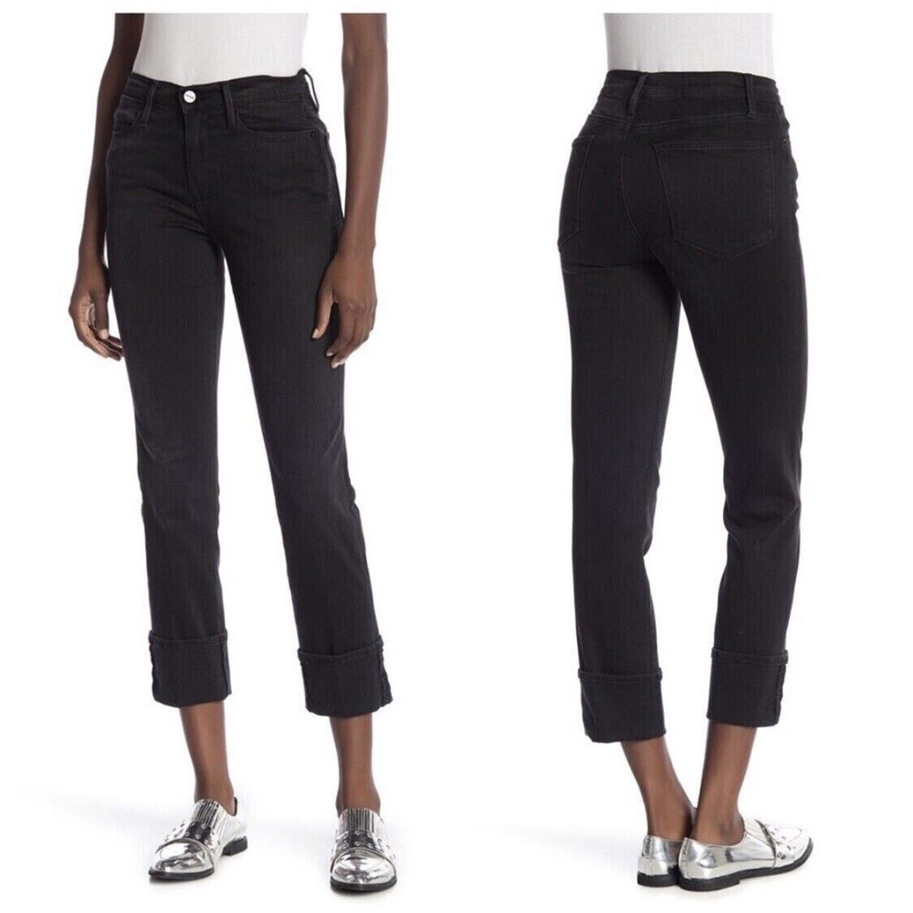 Frame Women's Le High Straight Leg Denim Jeans Cuffed Rivet‎ Oxshott Black SZ 28